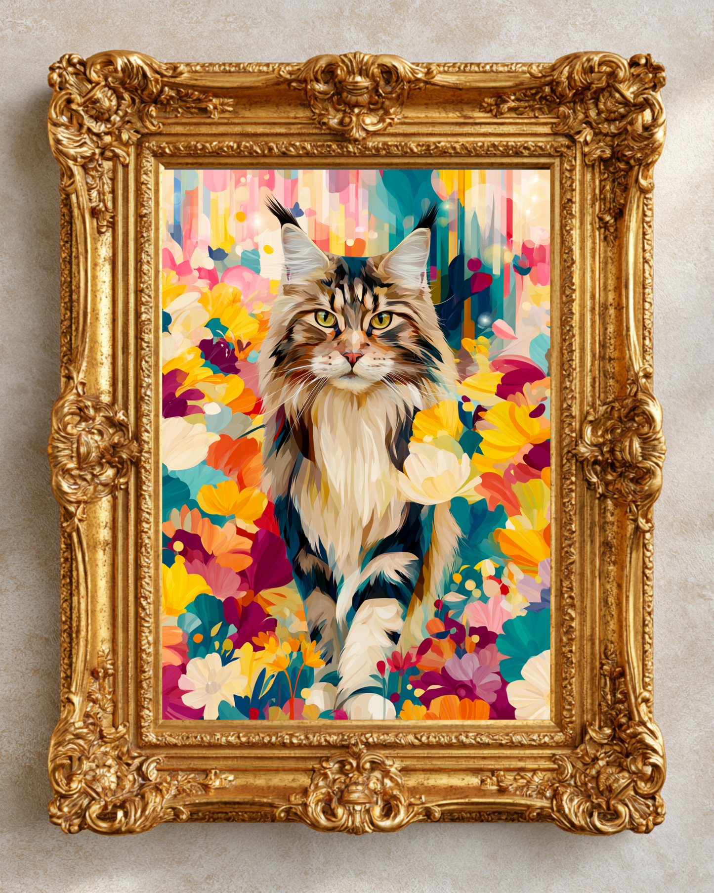 Boho Maine Coon Wall Art – Colorful Floral Cat Print