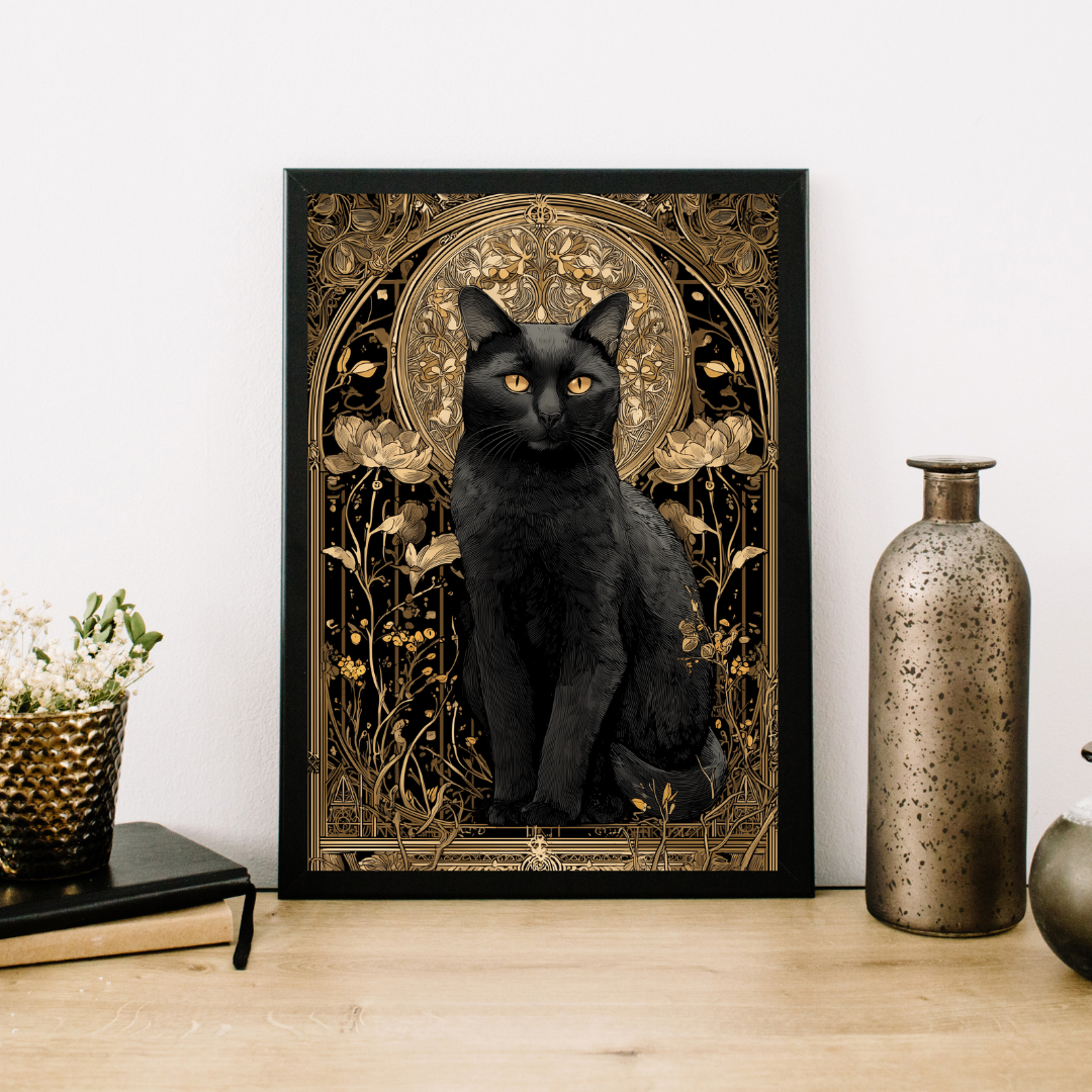 Art Nouveau Black Cat Poster, Vintage Gold Botanical Art, Dark Academia Print