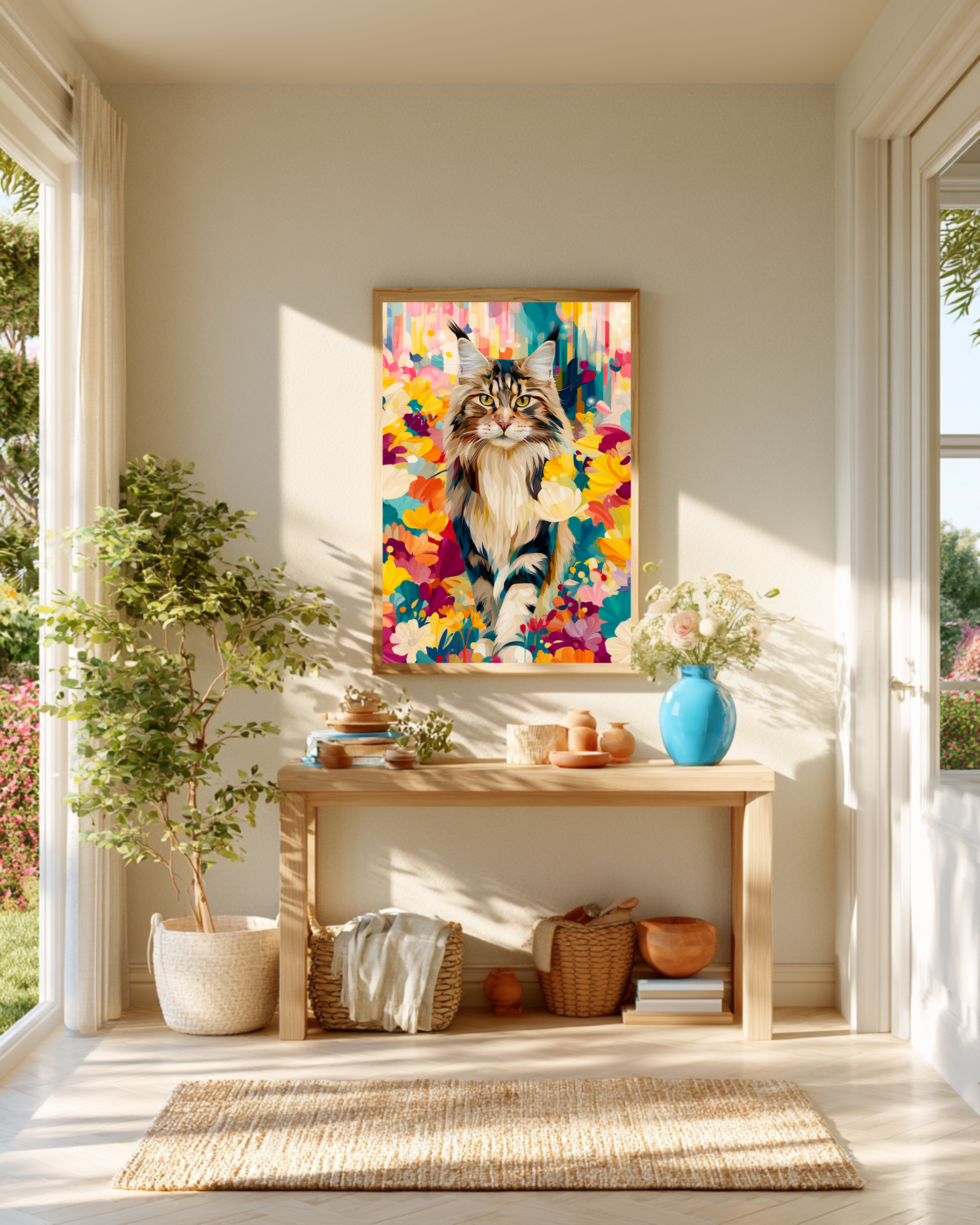 Boho Maine Coon Wall Art – Colorful Floral Cat Print