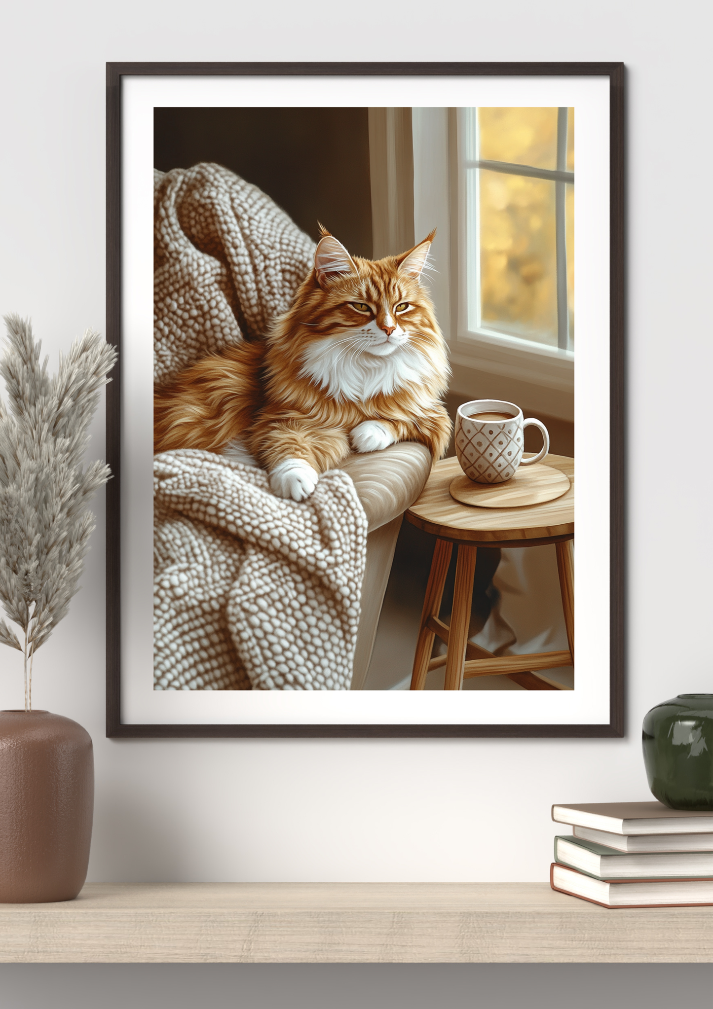Cozy Orange Cat Wall Art, Hygge Home Decor Print, Warm Minimalist Living Room Poster