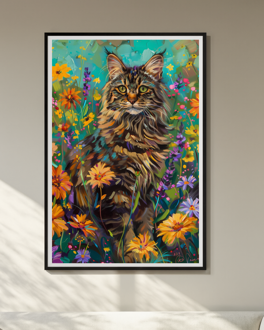 Boho Cat Wall Art Print | Colorful Floral Cat Poster for Home Decor