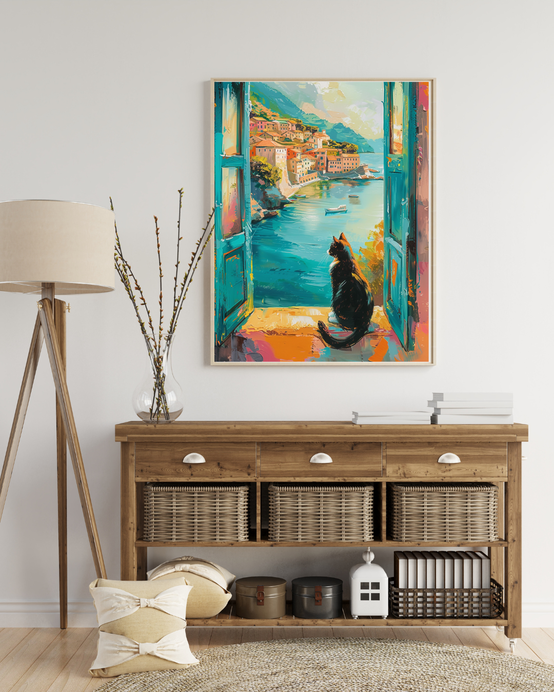 Tuxedo Cat Coastal Village Art Print, Mediterranean Window View, Vibrant Painterly Poster