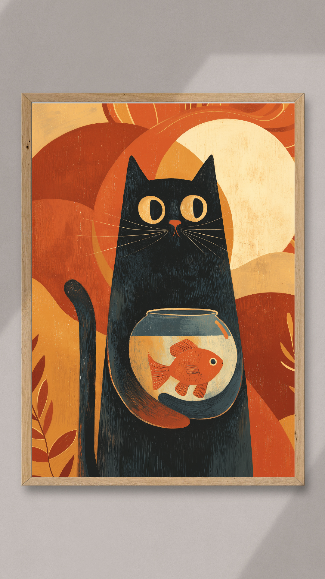 Retro Black Cat Wall Art with Goldfish Bowl – Mid Century Modern Cat Poster