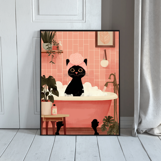 Retro Pink Cat Bathtub Print – Mid Century Modern Bathroom Wall Art