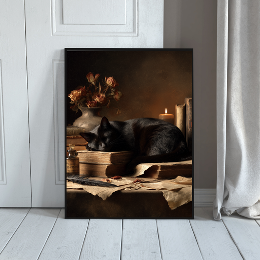 Black Cat Dark Academia Wall Art – Cozy Gothic Library Painting
