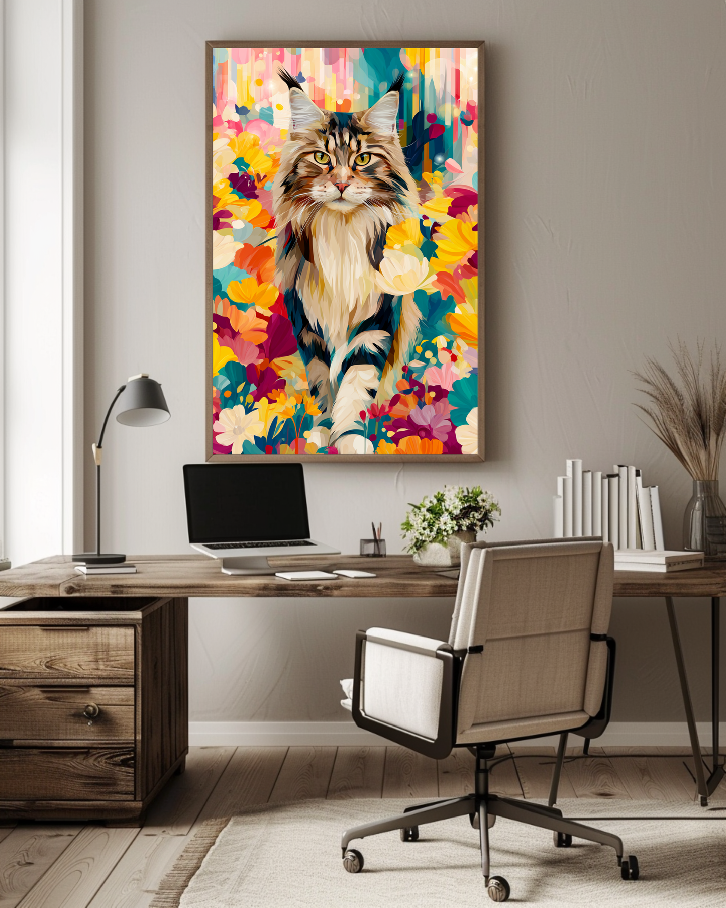 Boho Maine Coon Wall Art – Colorful Floral Cat Print