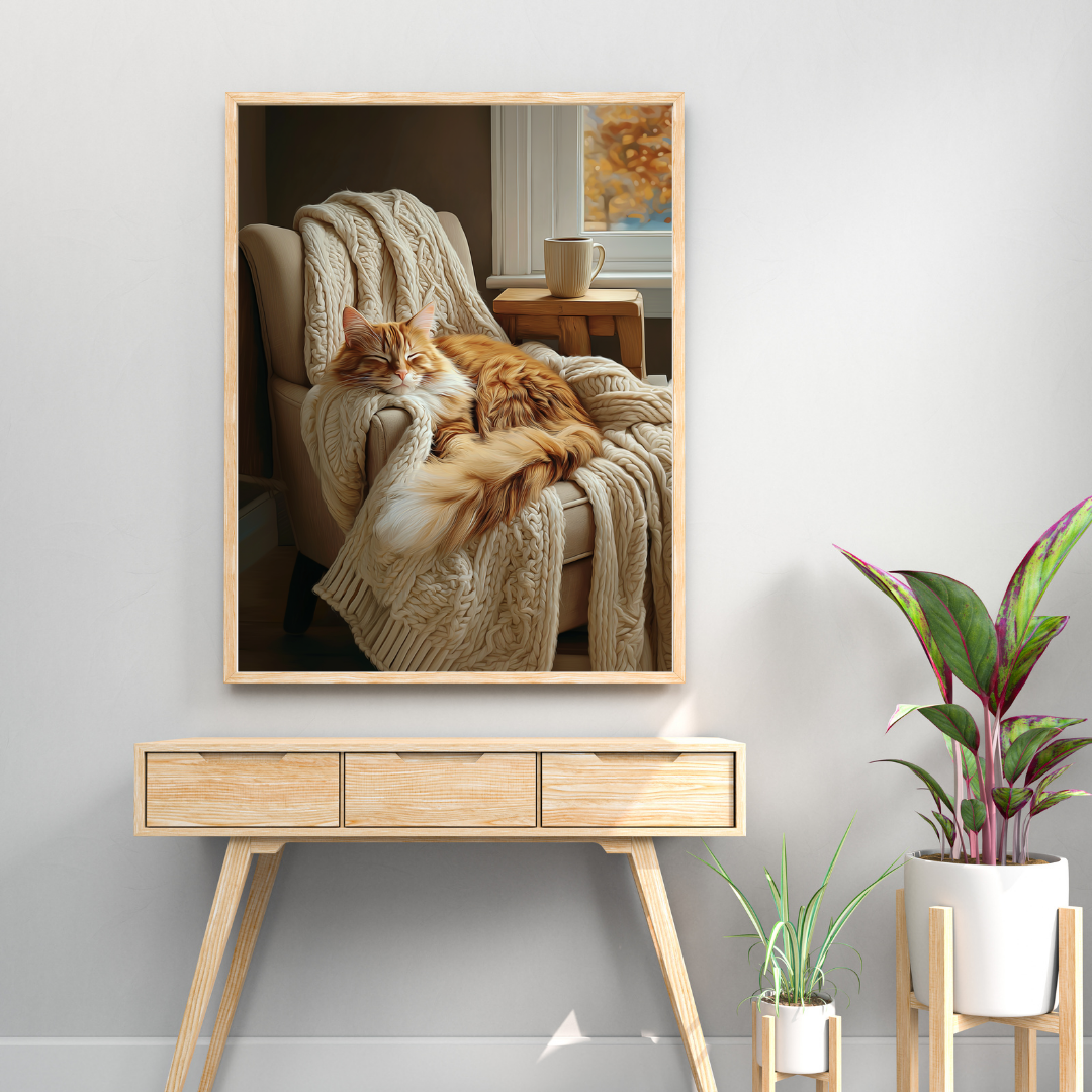 Sleeping Orange Cat Wall Art, Cozy Hygge Decor, Warm Minimalist Print