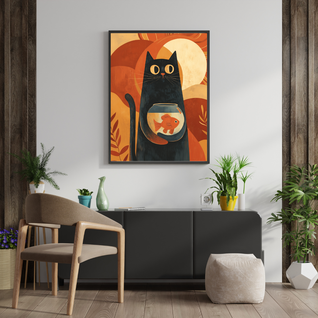 Retro Black Cat Wall Art with Goldfish Bowl – Mid Century Modern Cat Poster