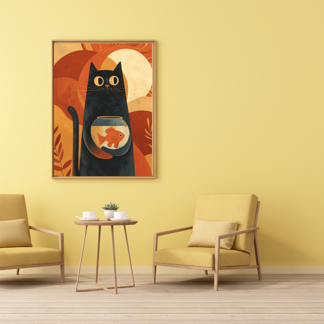 Retro Black Cat Wall Art with Goldfish Bowl – Mid Century Modern Cat Poster