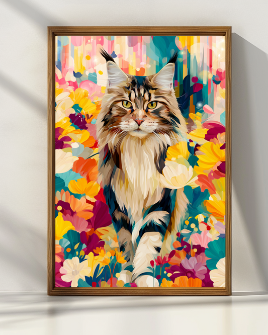 Boho Maine Coon Wall Art – Colorful Floral Cat Print