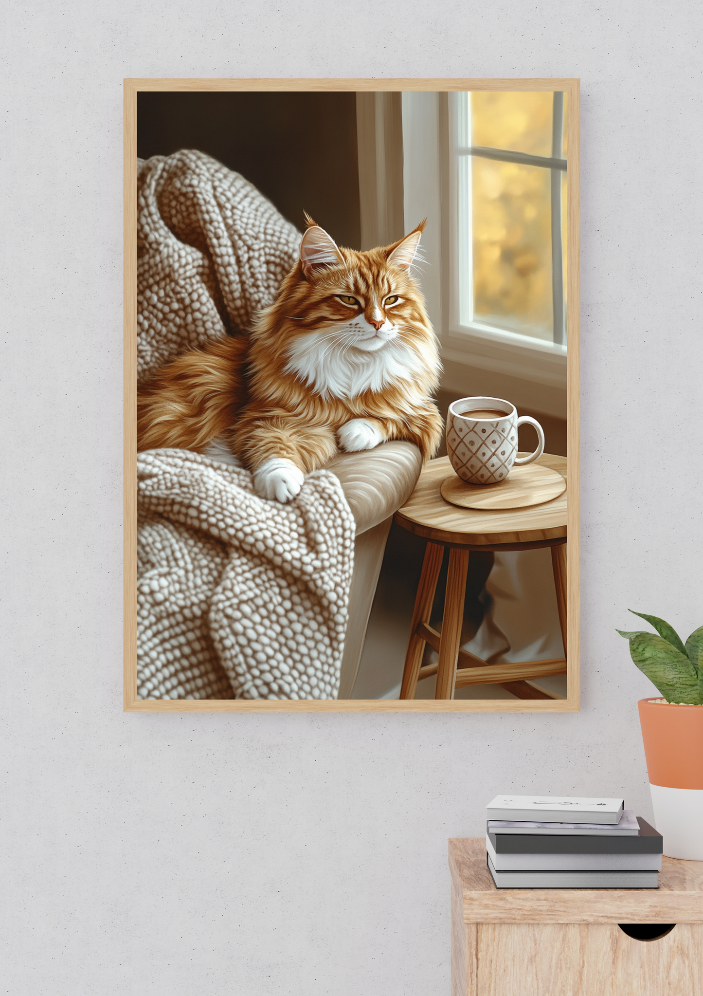 Cozy Orange Cat Wall Art, Hygge Home Decor Print, Warm Minimalist Living Room Poster