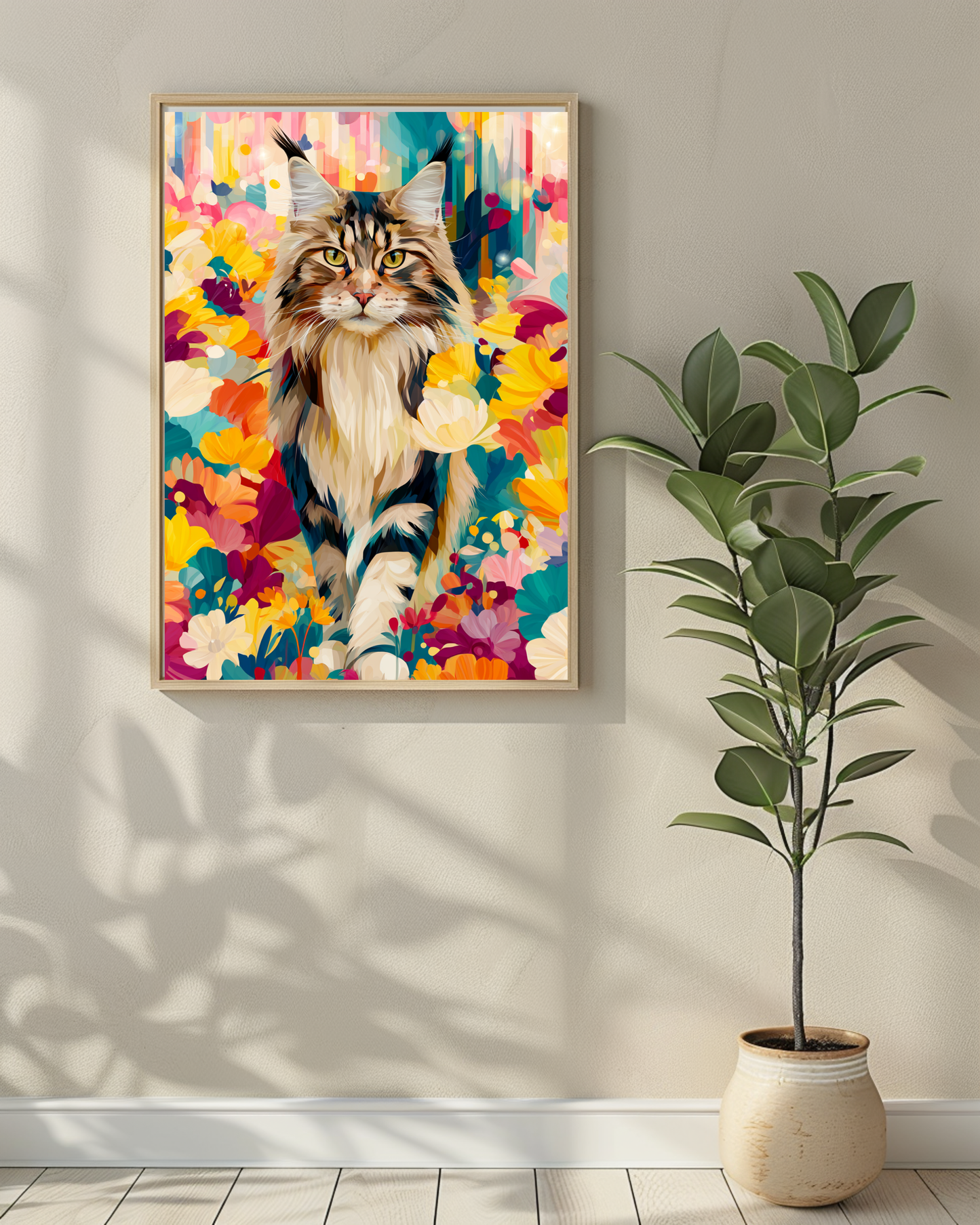 Boho Maine Coon Wall Art – Colorful Floral Cat Print