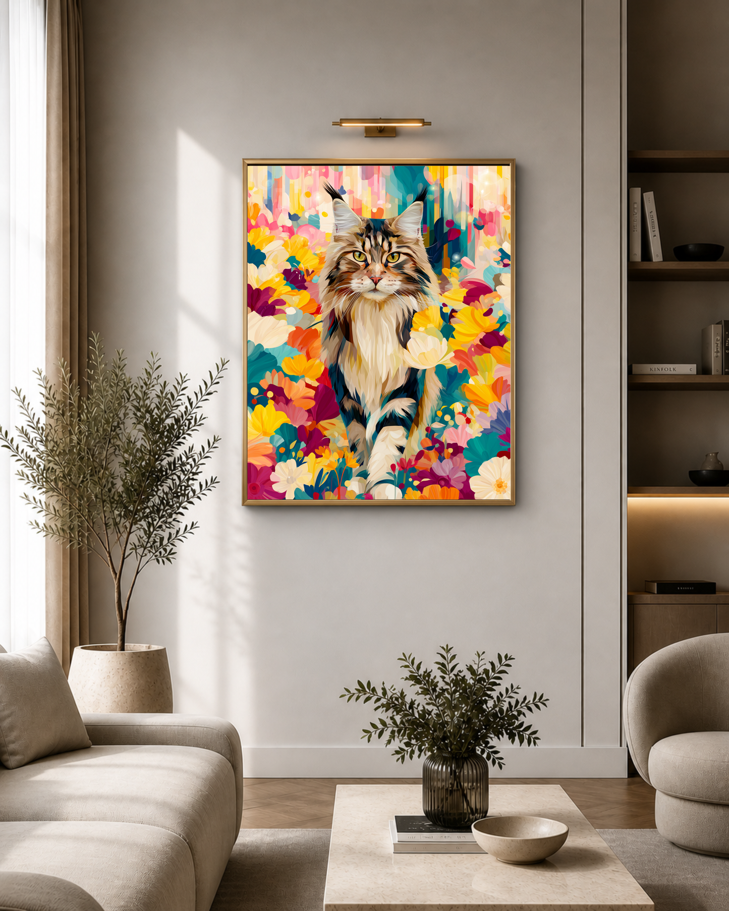 Boho Maine Coon Wall Art – Colorful Floral Cat Print