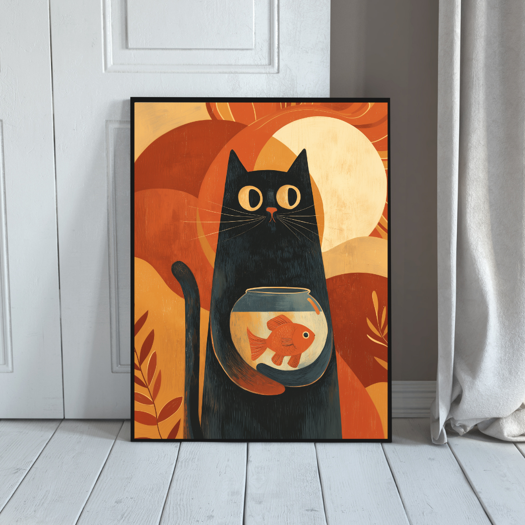 Retro Black Cat Wall Art with Goldfish Bowl – Mid Century Modern Cat Poster