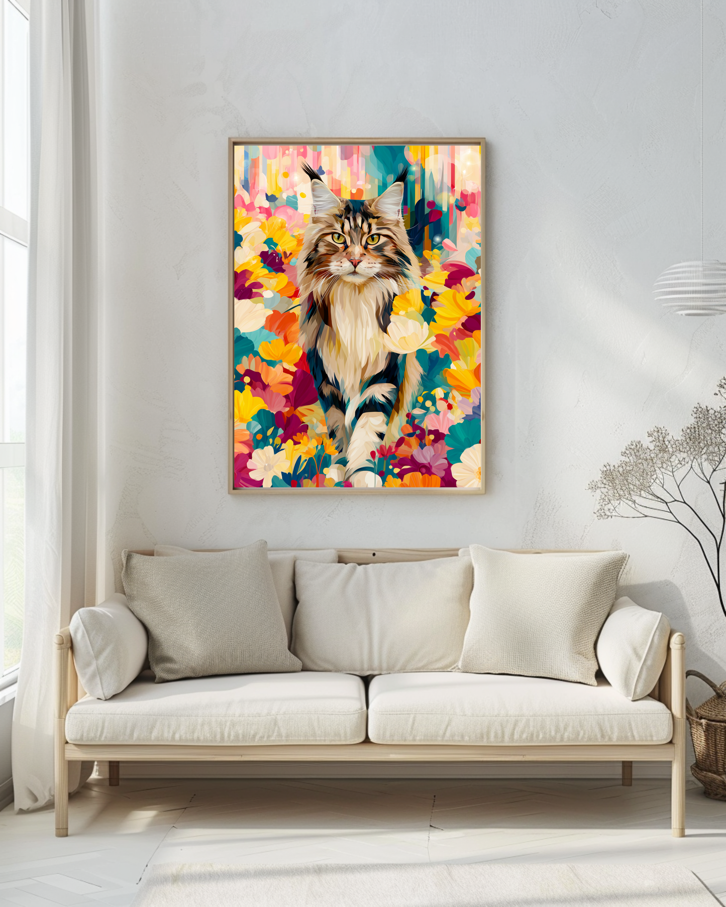 Boho Maine Coon Wall Art – Colorful Floral Cat Print