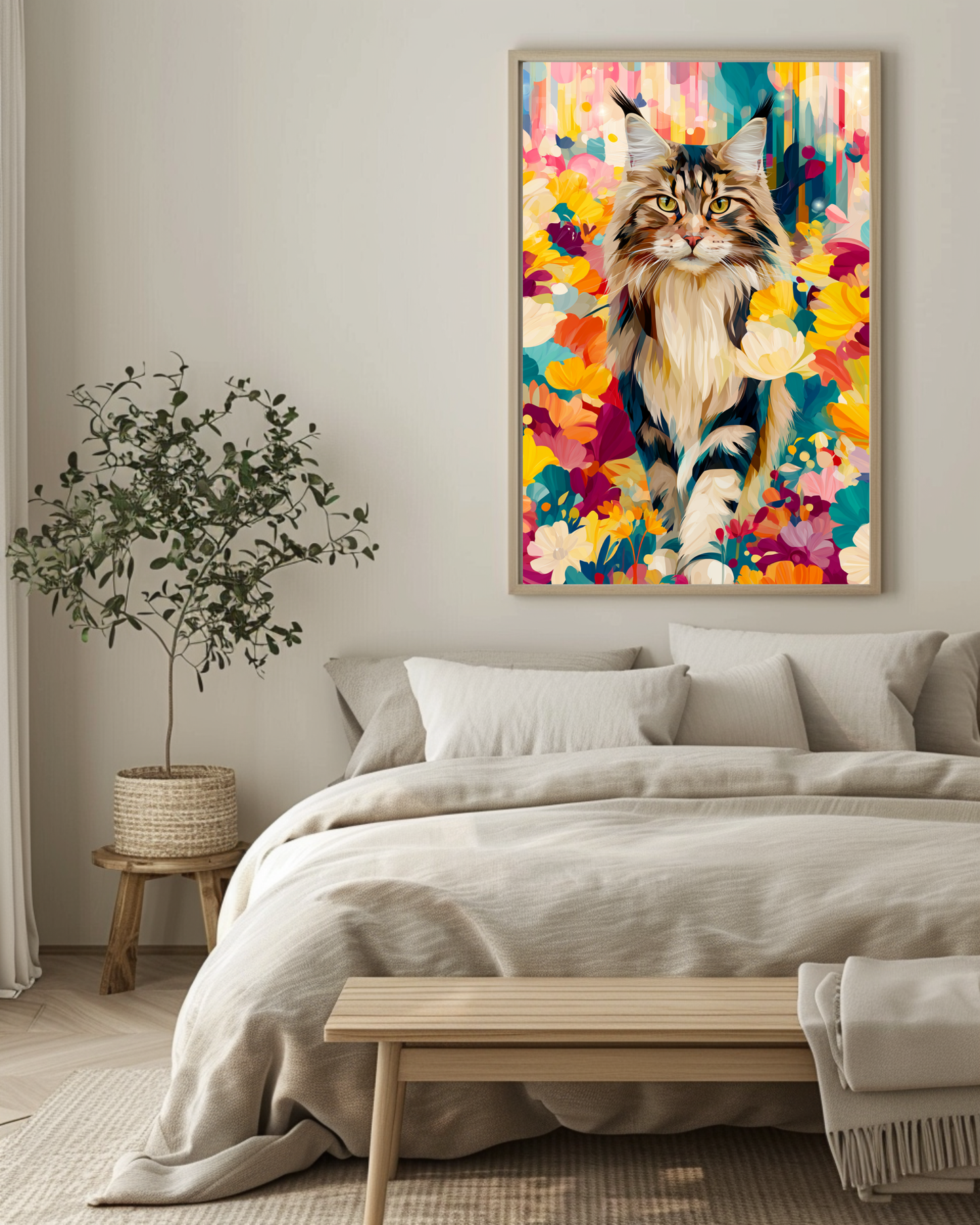 Boho Maine Coon Wall Art – Colorful Floral Cat Print