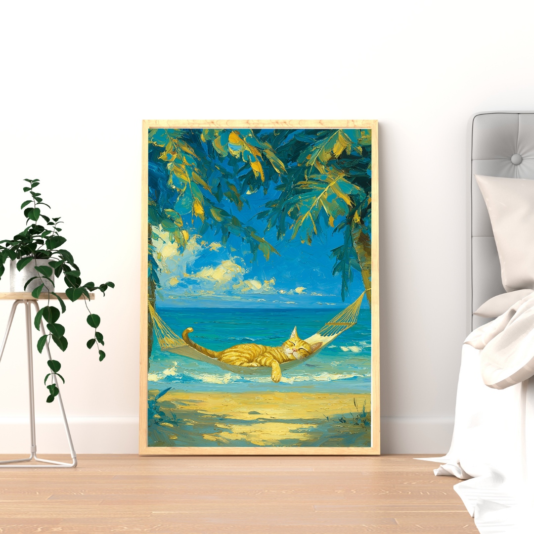 Tropical Cat Hammock Wall Art | Coastal Orange Tabby Beach Print | Relaxing Ocean Cat Decor