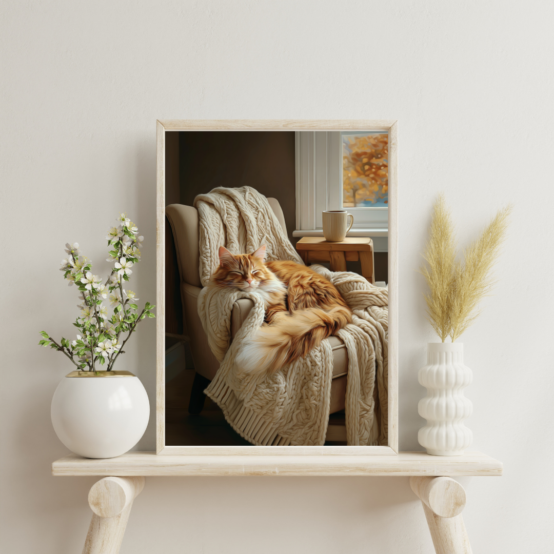 Sleeping Orange Cat Wall Art, Cozy Hygge Decor, Warm Minimalist Print