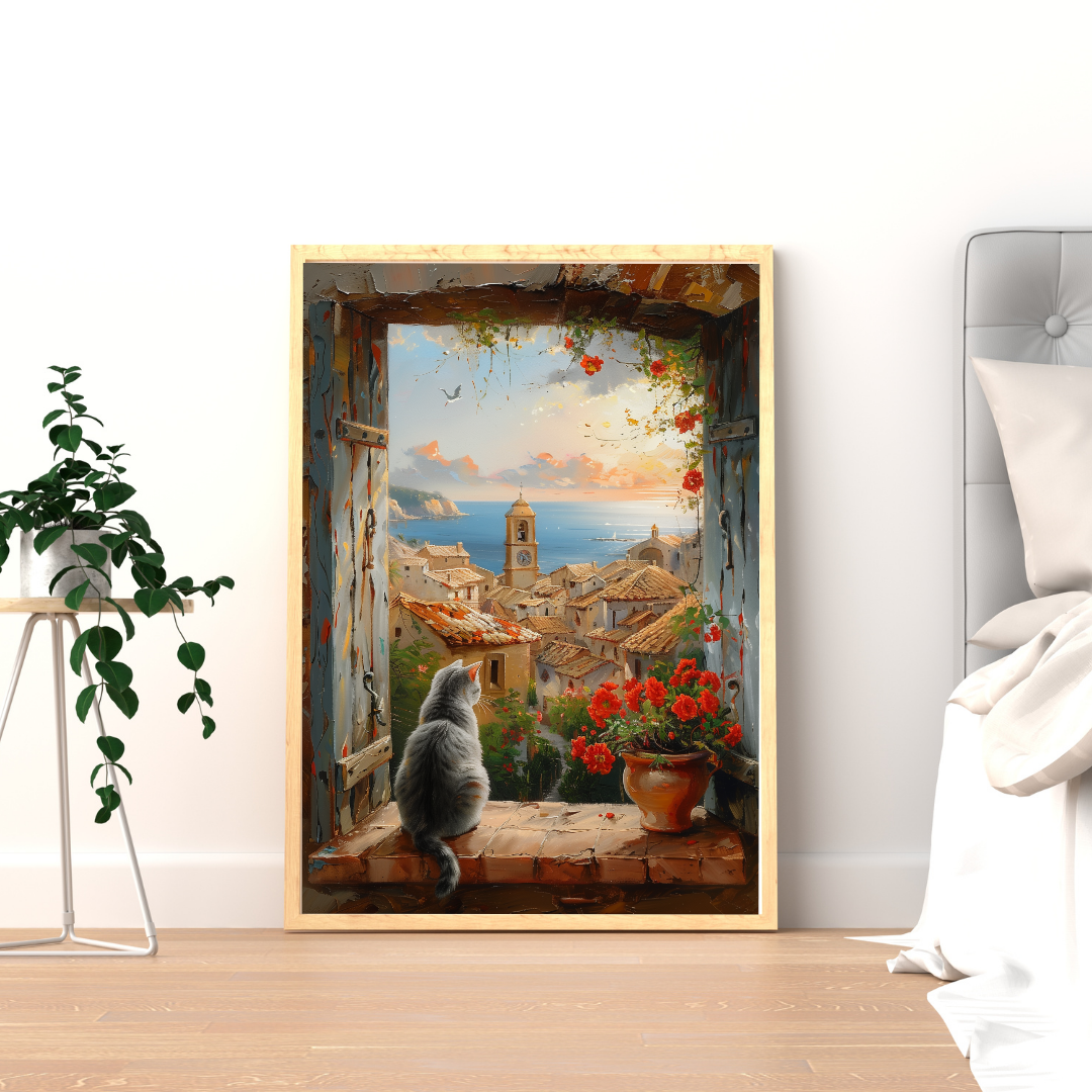Cozy Mediterranean Cat Wall Art Print – Spanish Village Window Scene, Gray Cat Coastal Decor