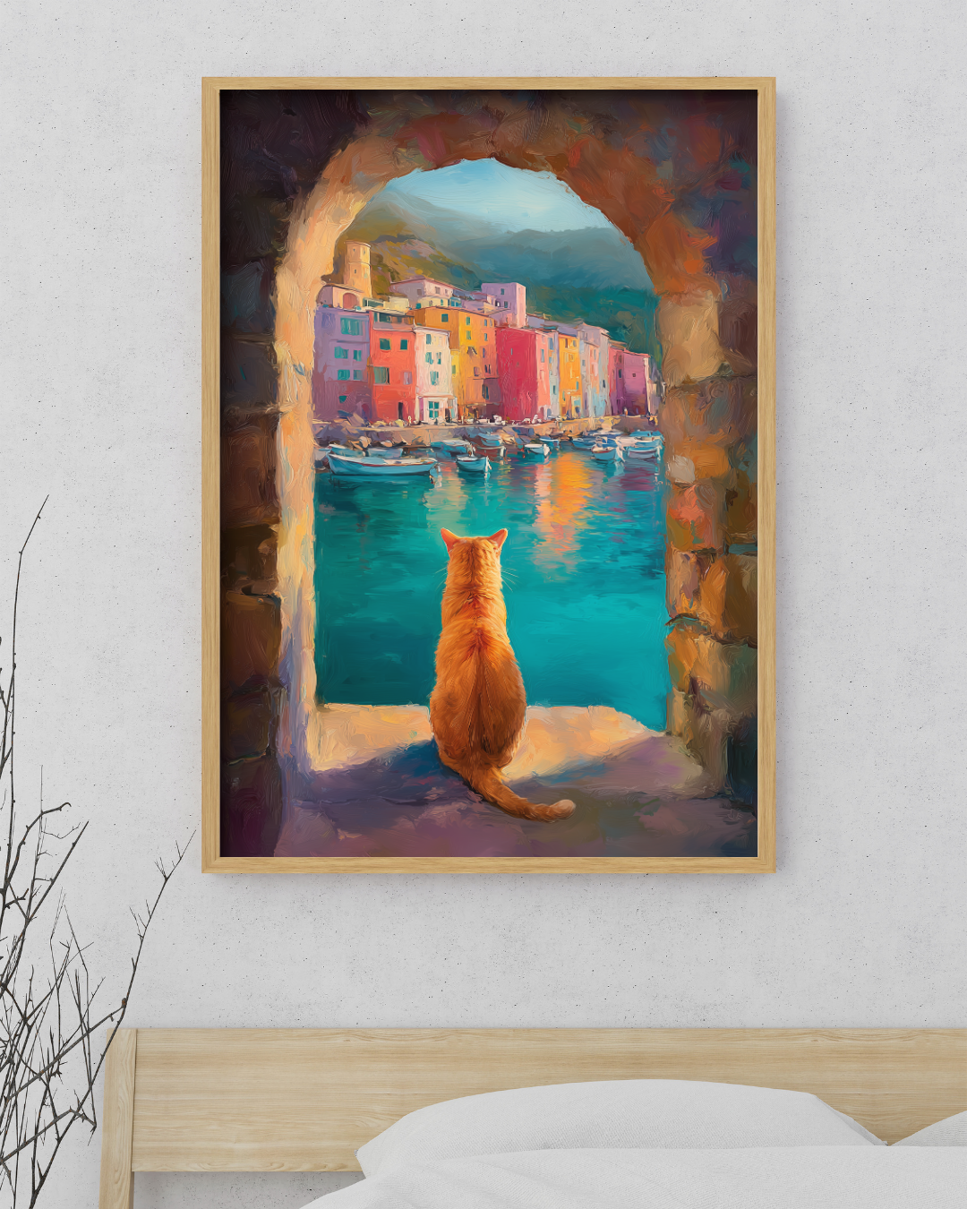 Mediterranean Coastal Village Art Print, Orange Tabby Cat Window View Poster