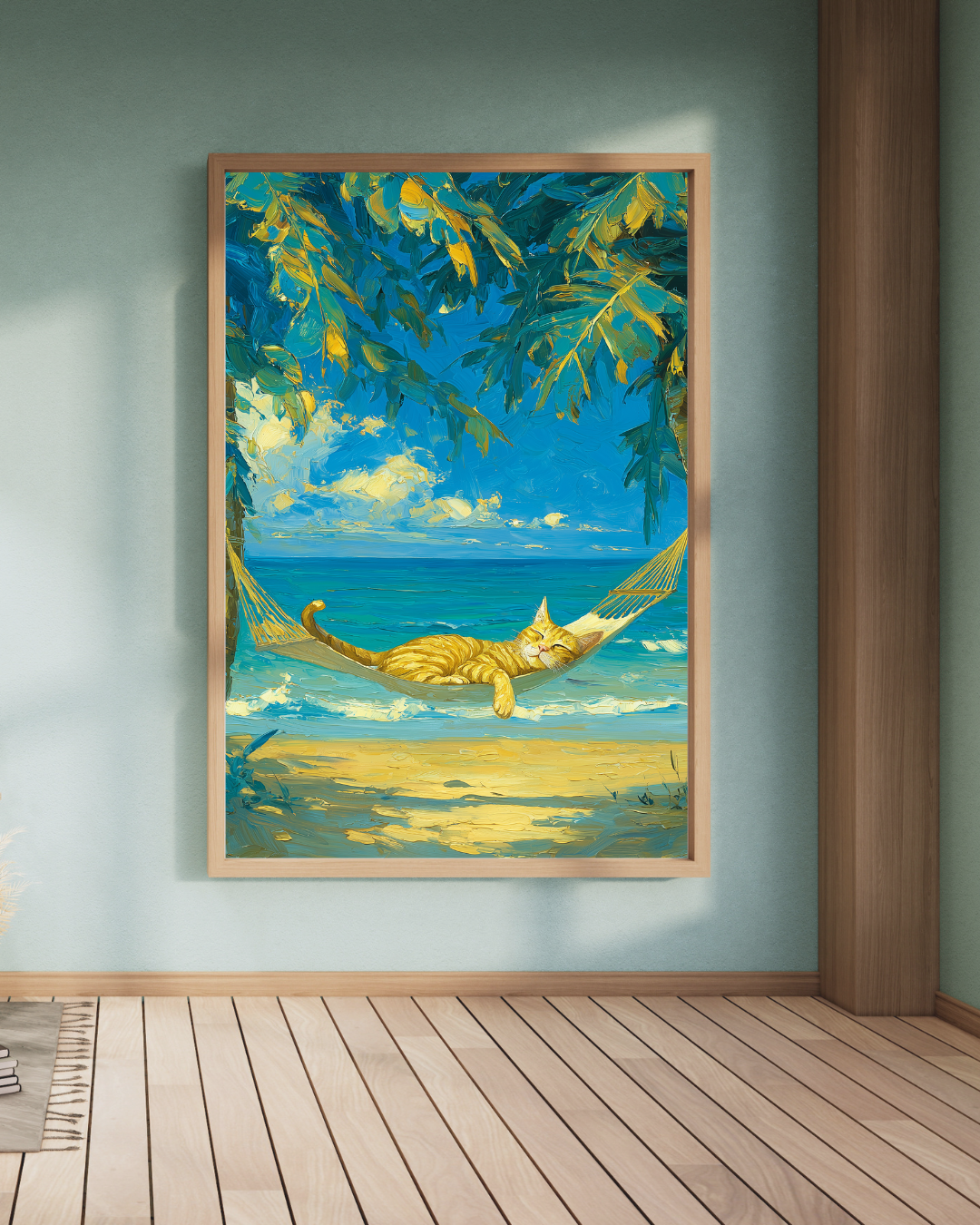 Tropical Cat Hammock Wall Art | Coastal Orange Tabby Beach Print | Relaxing Ocean Cat Decor