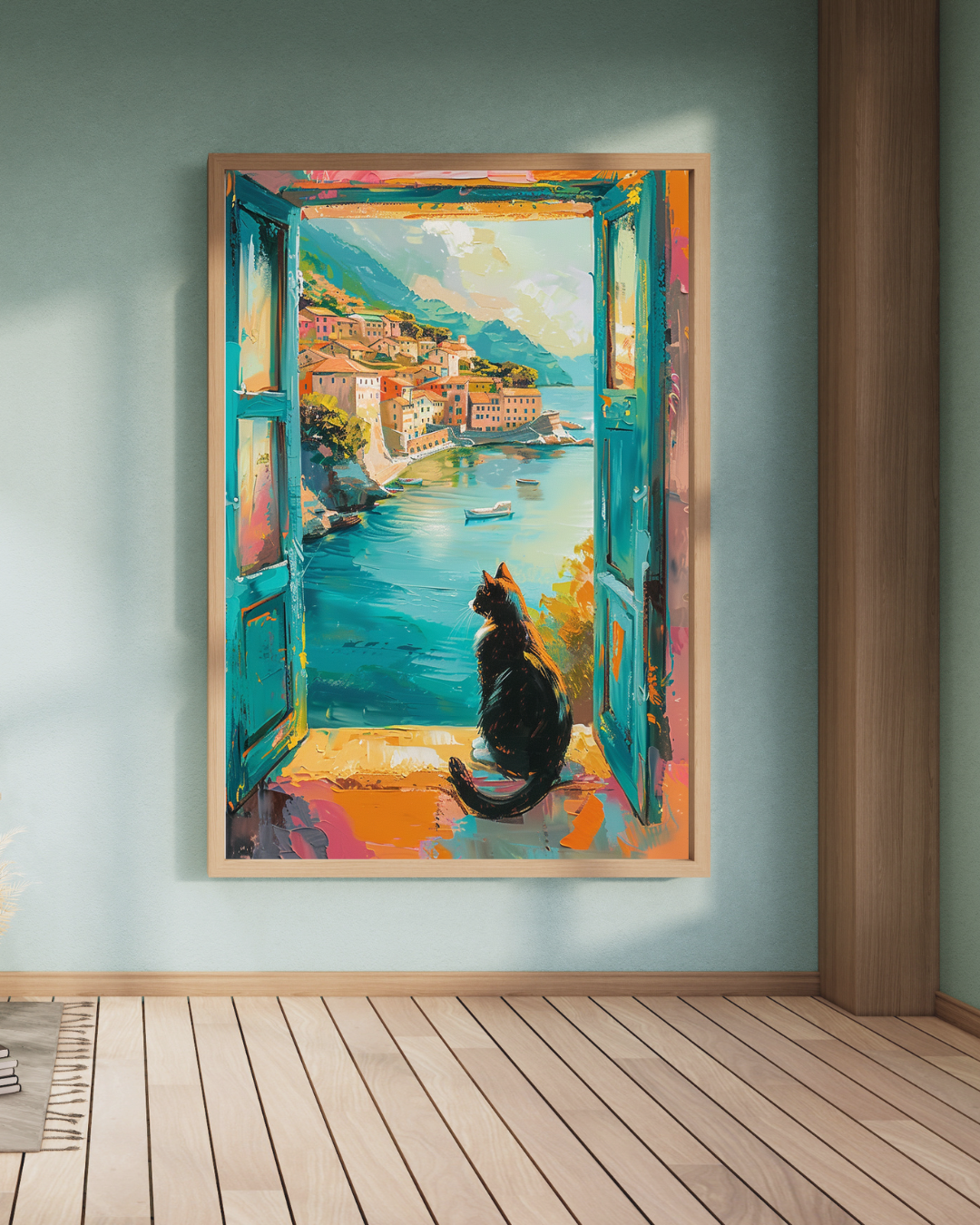 Tuxedo Cat Coastal Village Art Print, Mediterranean Window View, Vibrant Painterly Poster
