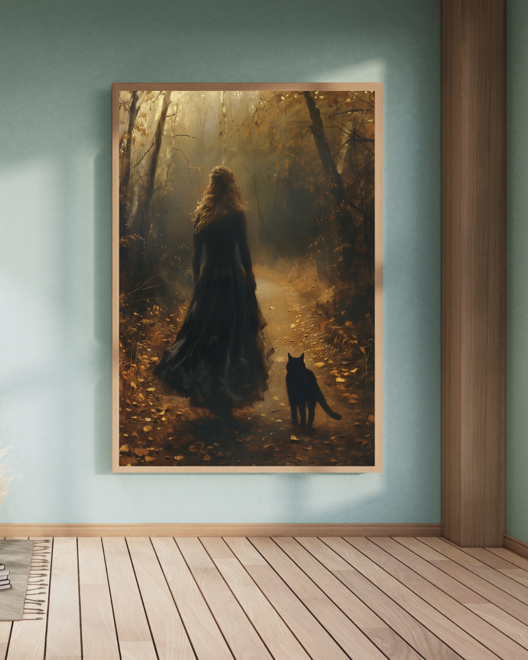 Dark Academia Wall Art – Gothic Forest Woman and Black Cat Autumn Print