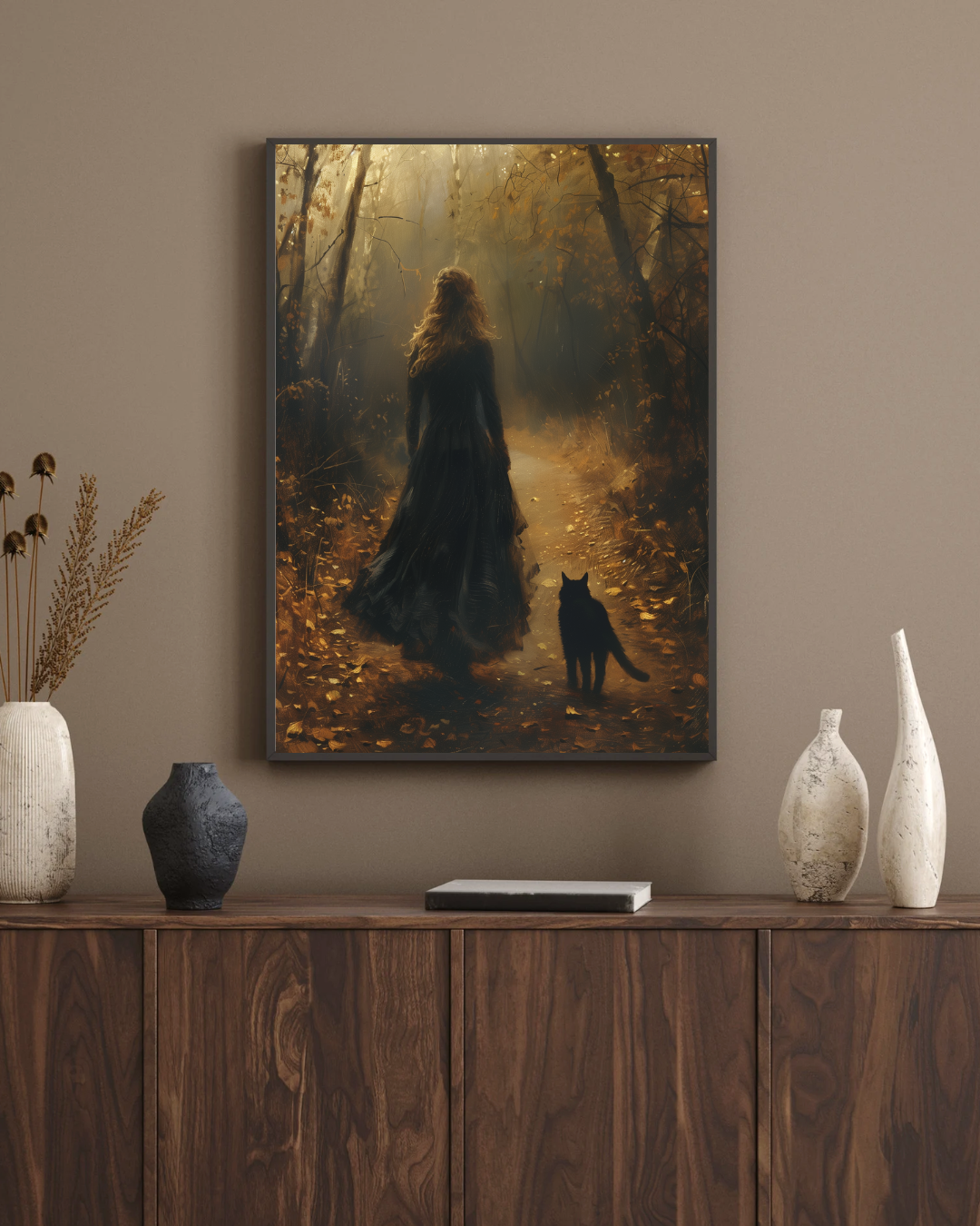 Dark Academia Wall Art – Gothic Forest Woman and Black Cat Autumn Print