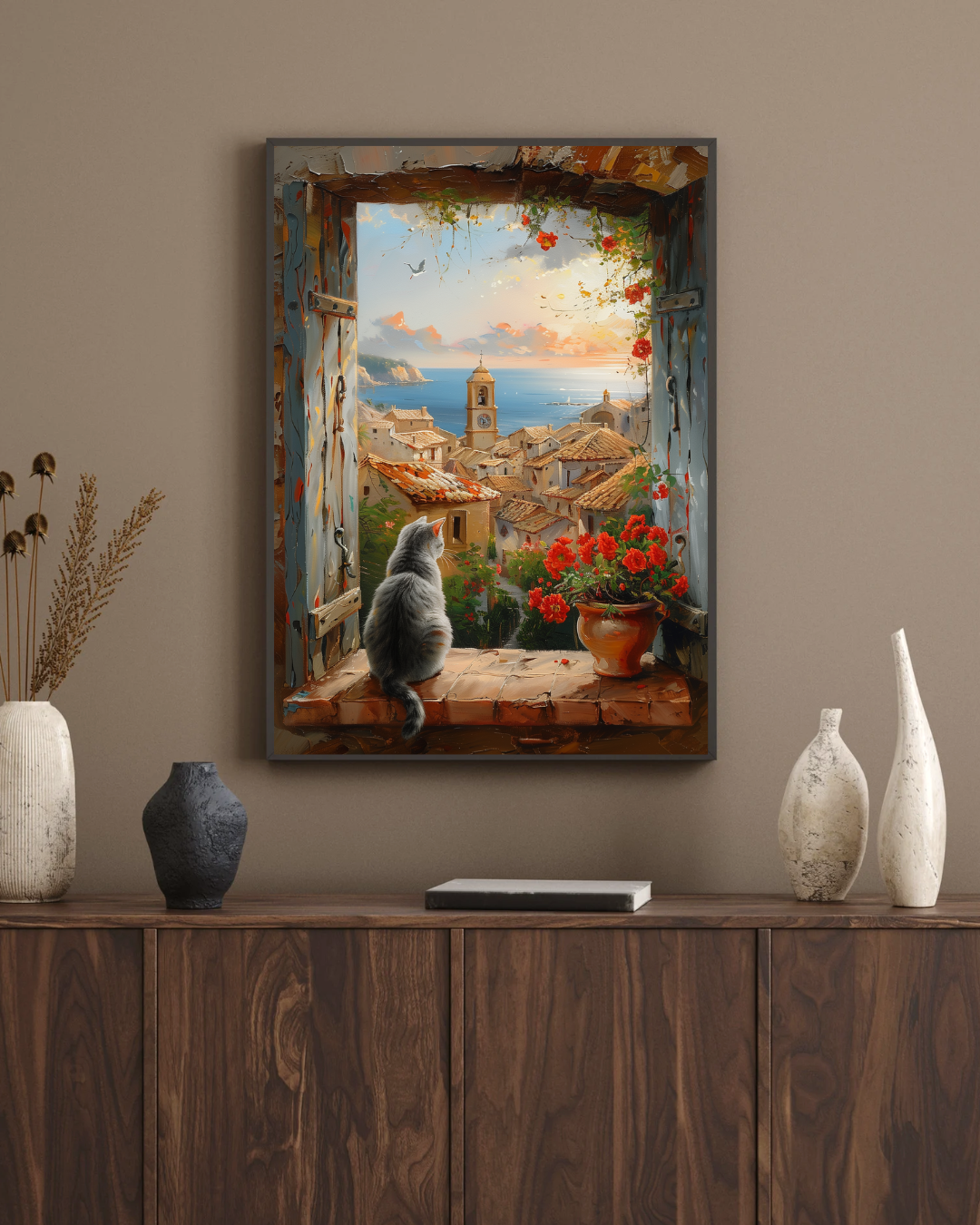 Cozy Mediterranean Cat Wall Art Print – Spanish Village Window Scene, Gray Cat Coastal Decor