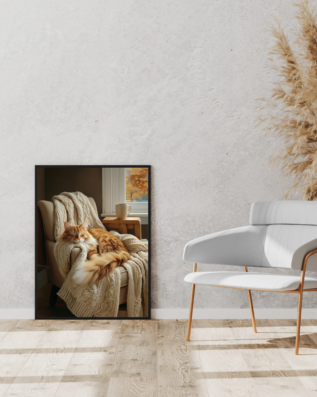 Sleeping Orange Cat Wall Art, Cozy Hygge Decor, Warm Minimalist Print