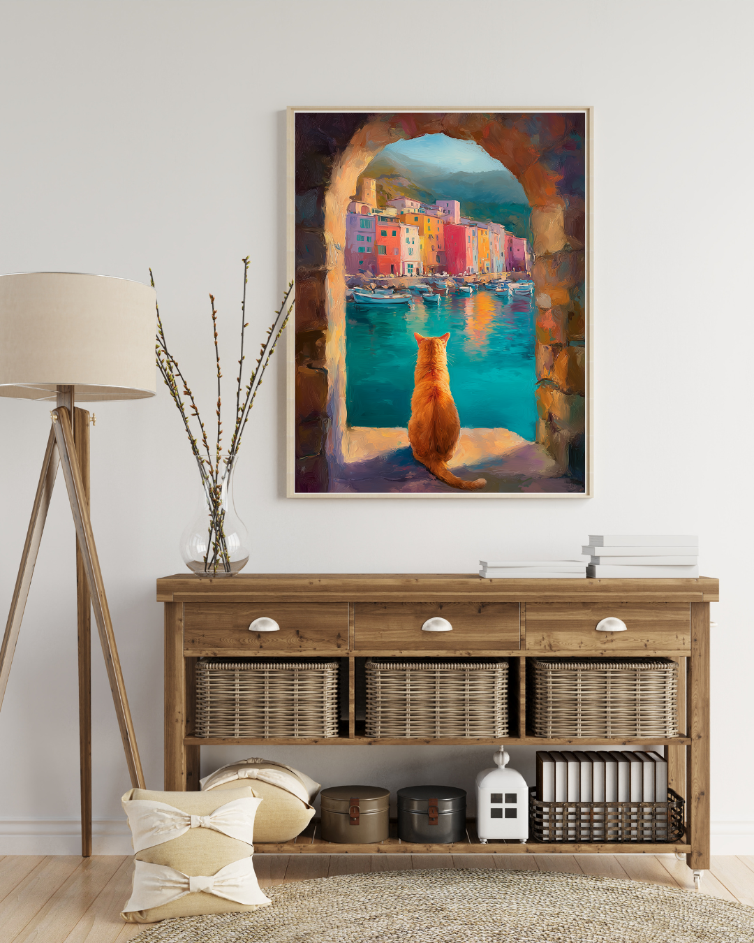 Mediterranean Coastal Village Art Print, Orange Tabby Cat Window View Poster