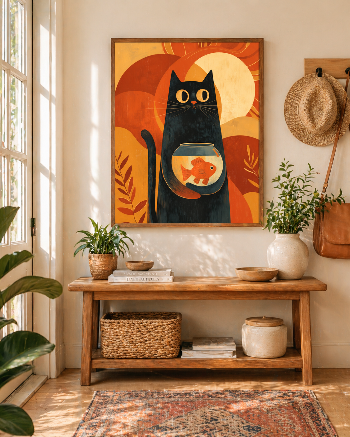 Retro Black Cat Wall Art with Goldfish Bowl – Mid Century Modern Cat Poster