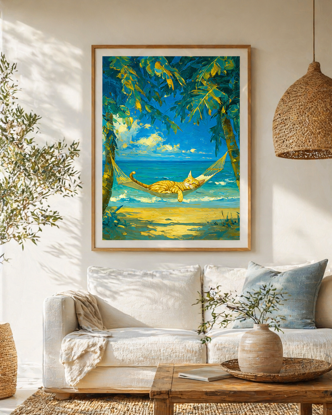 Tropical Cat Hammock Wall Art | Coastal Orange Tabby Beach Print | Relaxing Ocean Cat Decor