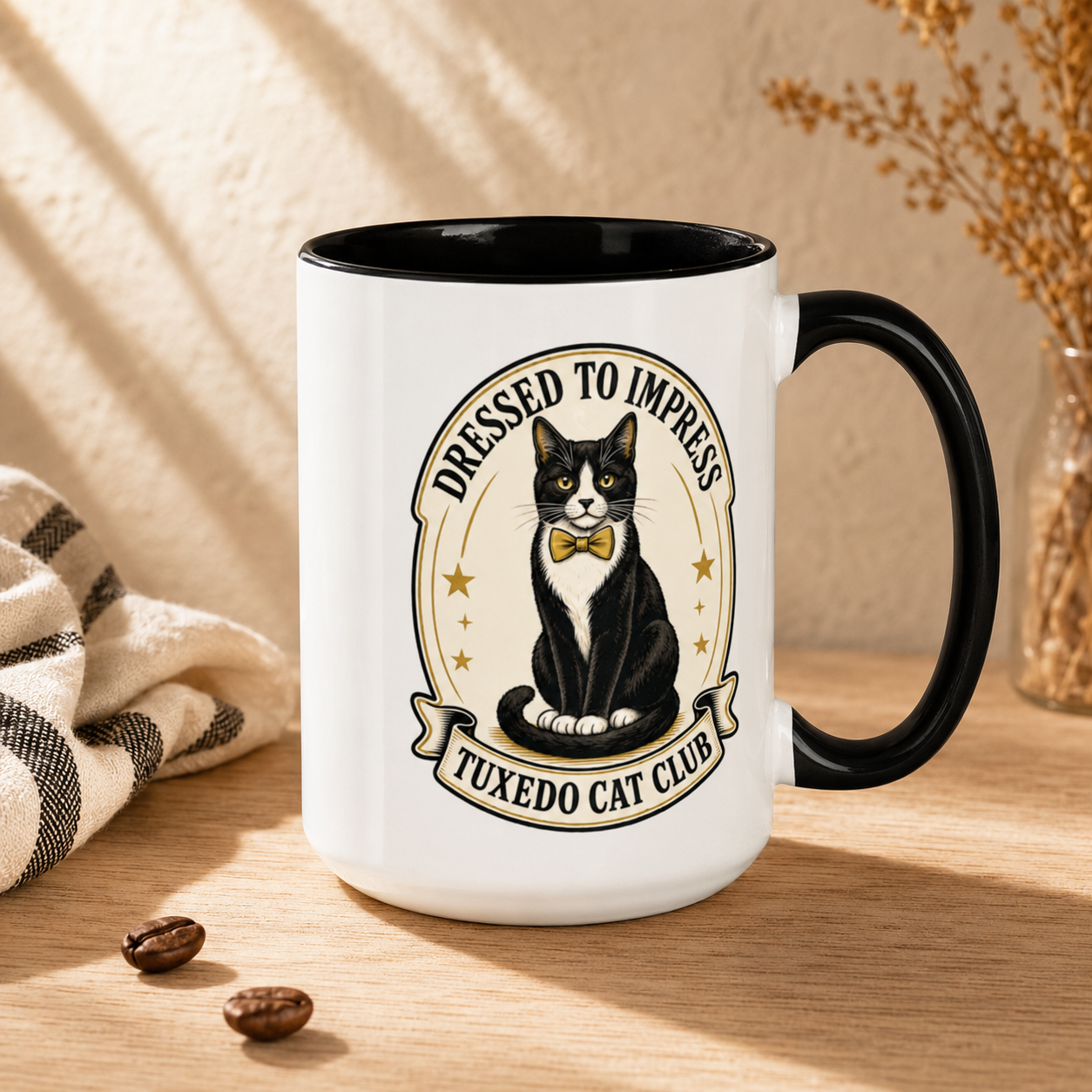 Dressed to Impress Tuxedo Cat Mug | Black Accent Cup