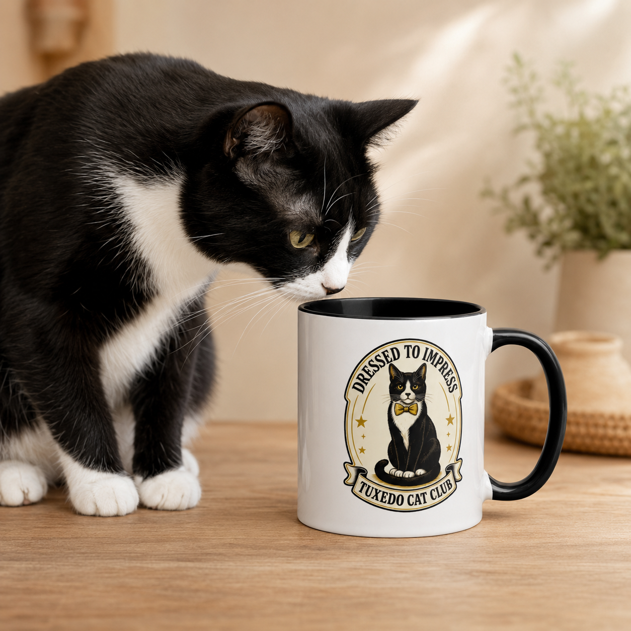 Dressed to Impress Tuxedo Cat Mug | Black Accent Cup