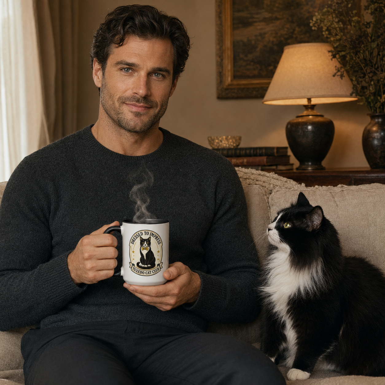 Dressed to Impress Tuxedo Cat Mug | Black Accent Cup