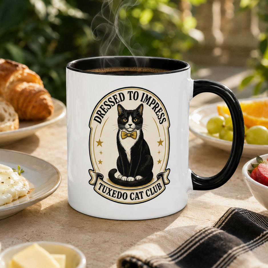 Dressed to Impress Tuxedo Cat Mug | Black Accent Cup