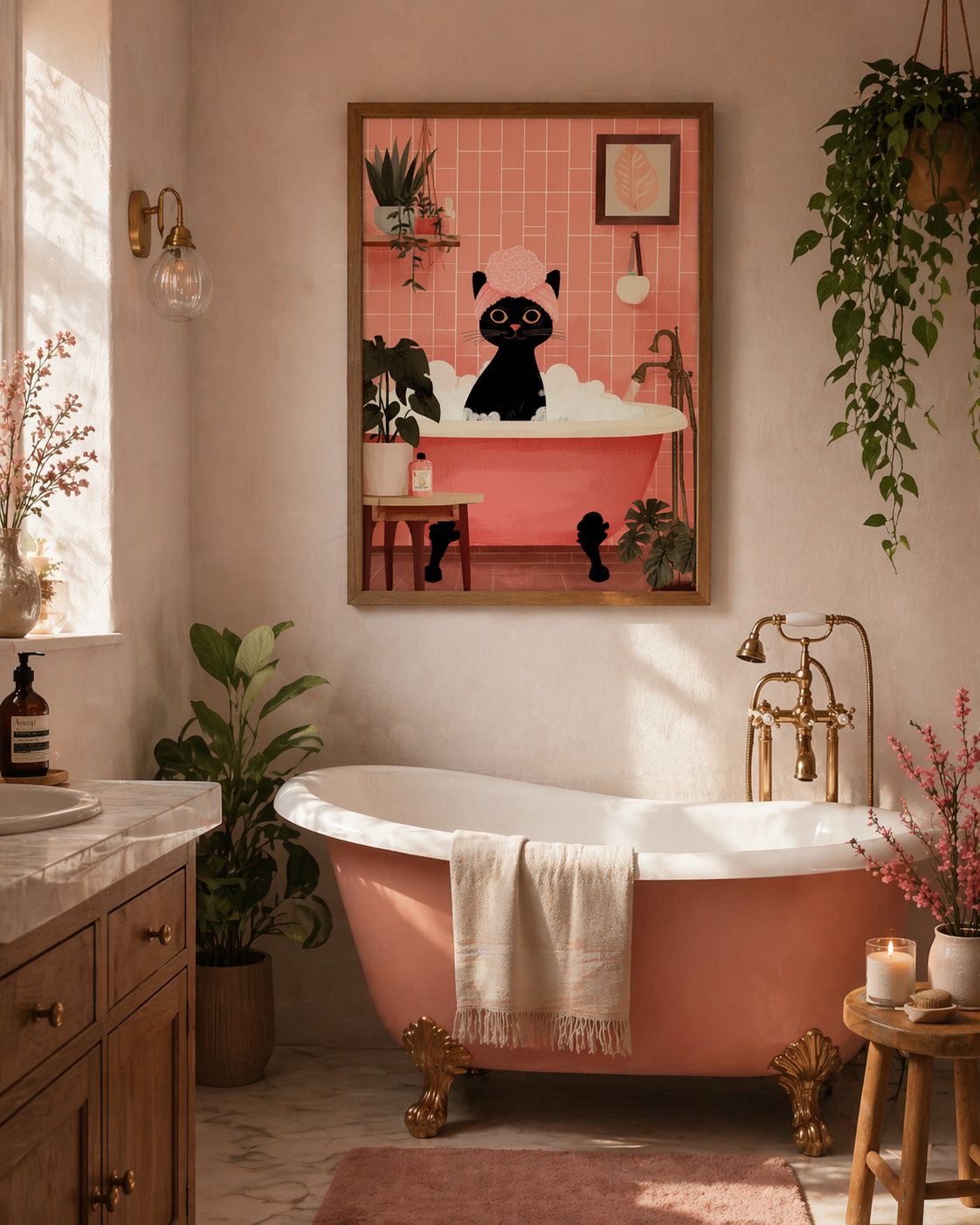 Retro Pink Cat Bathtub Print – Mid Century Modern Bathroom Wall Art