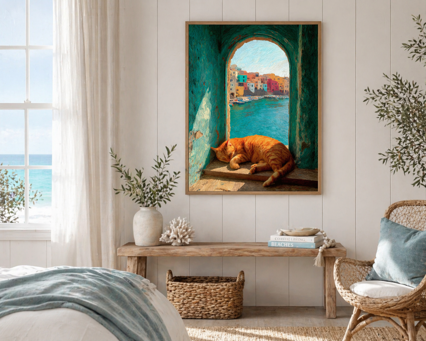 Sleeping Ginger Kitty Art Print, Mediterranean Coastal Village Seaside Poster