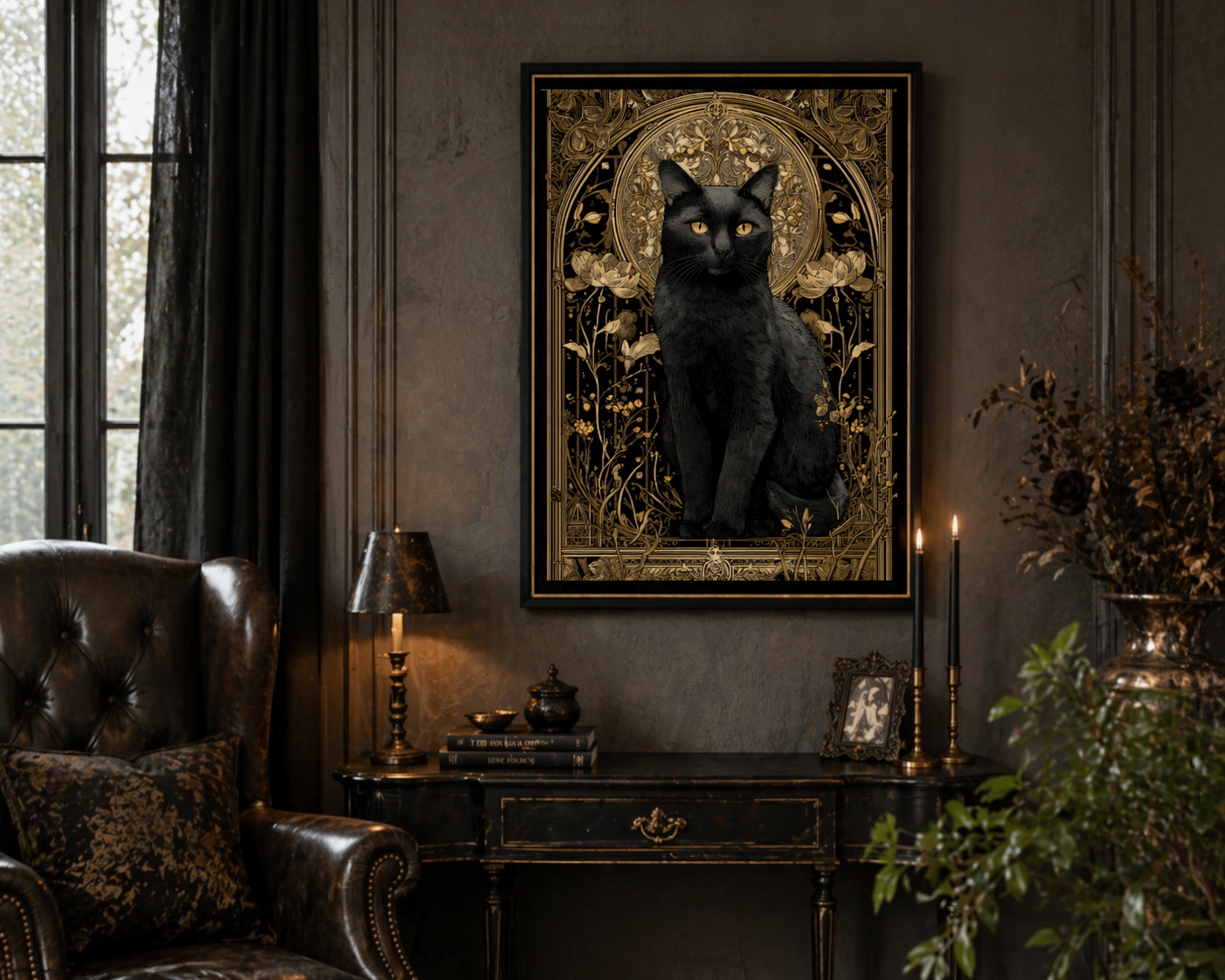 Art Nouveau Black Cat Poster, Vintage Gold Botanical Art, Dark Academia Print