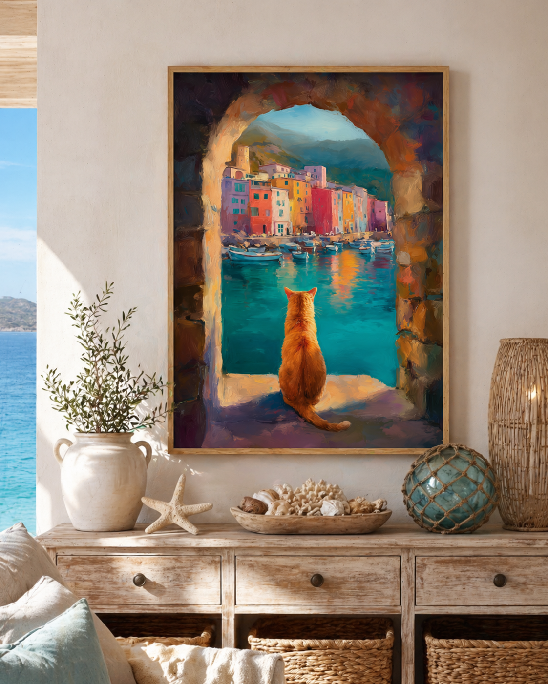 Mediterranean Coastal Village Art Print, Orange Tabby Cat Window View Poster