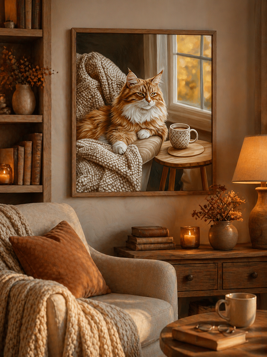 Cozy Orange Cat Wall Art, Hygge Home Decor Print, Warm Minimalist Living Room Poster