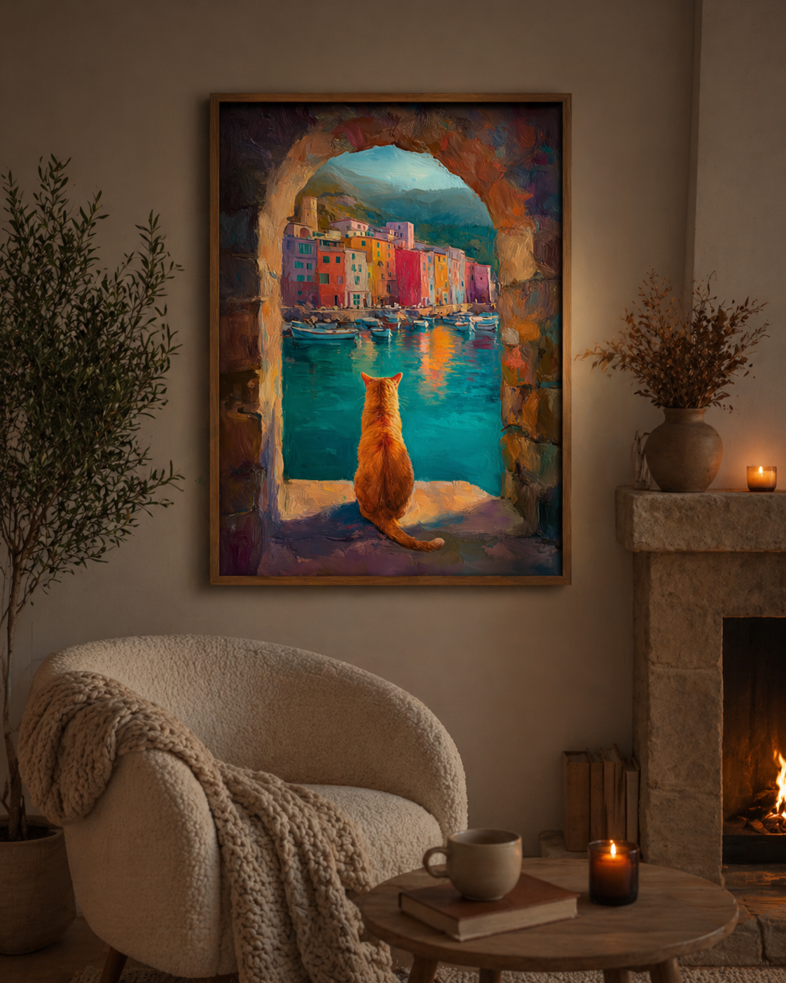 Mediterranean Coastal Village Art Print, Orange Tabby Cat Window View Poster