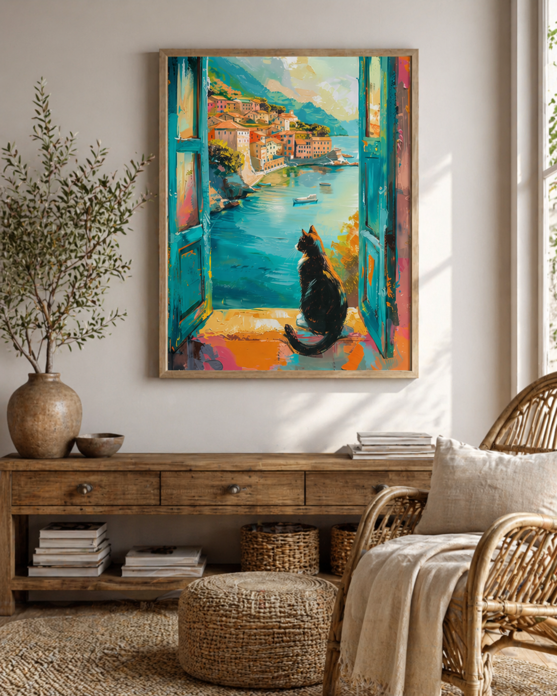 Tuxedo Cat Coastal Village Art Print, Mediterranean Window View, Vibrant Painterly Poster