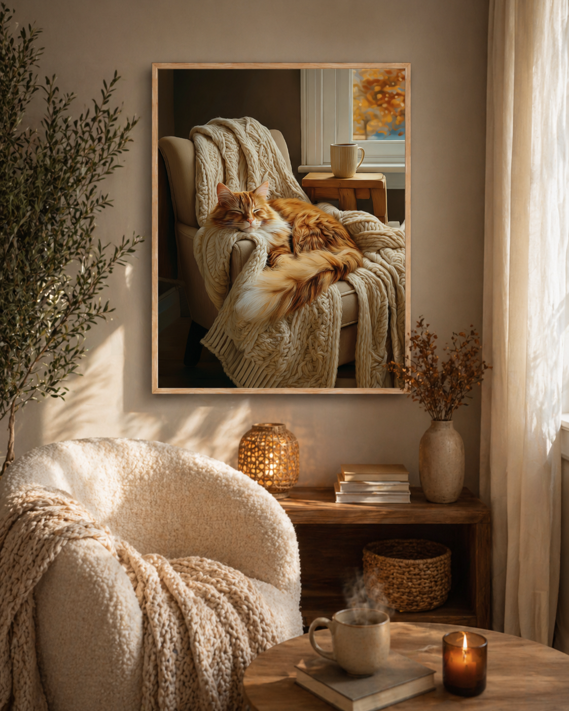 Sleeping Orange Cat Wall Art, Cozy Hygge Decor, Warm Minimalist Print