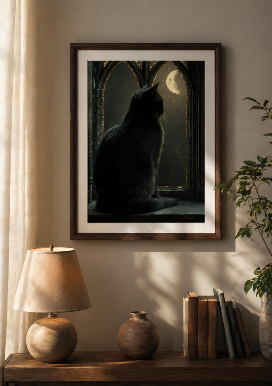 Black Cat Moon Poster, Gothic Window Art, Dark Academia Wall Decor