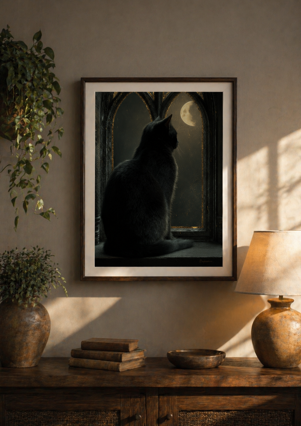 Black Cat Moon Poster, Gothic Window Art, Dark Academia Wall Decor
