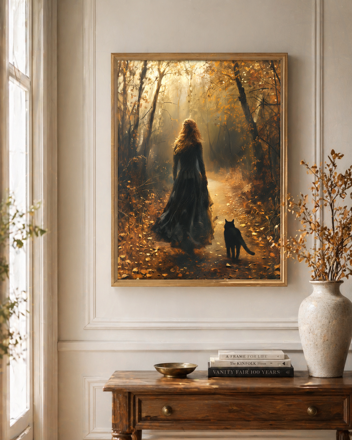 Dark Academia Wall Art – Gothic Forest Woman and Black Cat Autumn Print