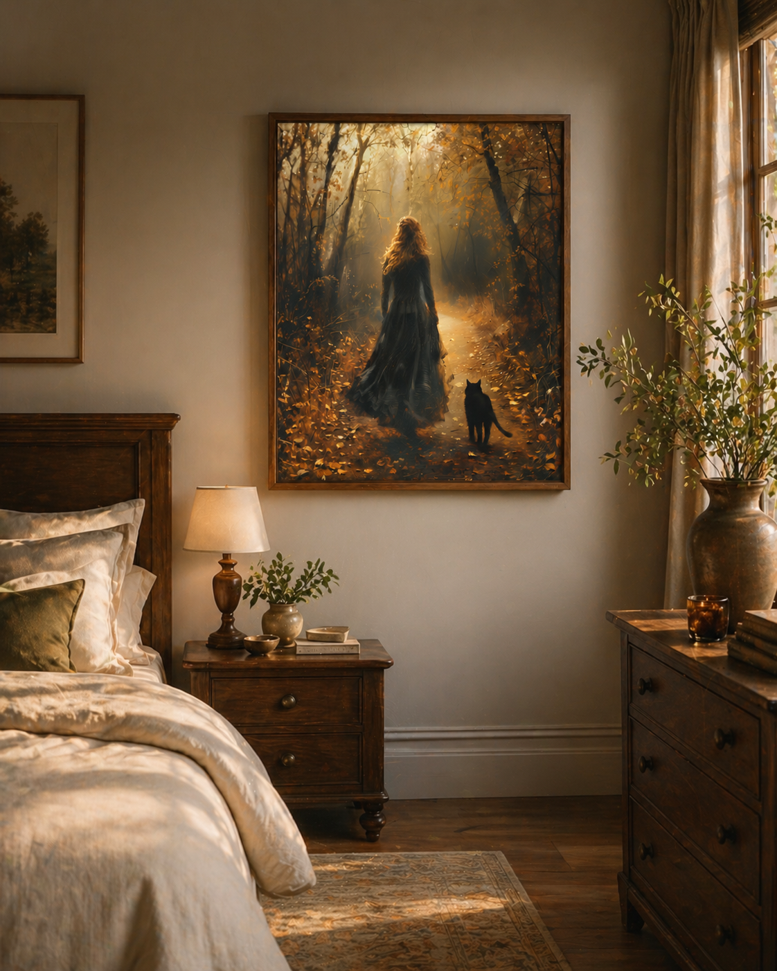 Dark Academia Wall Art – Gothic Forest Woman and Black Cat Autumn Print