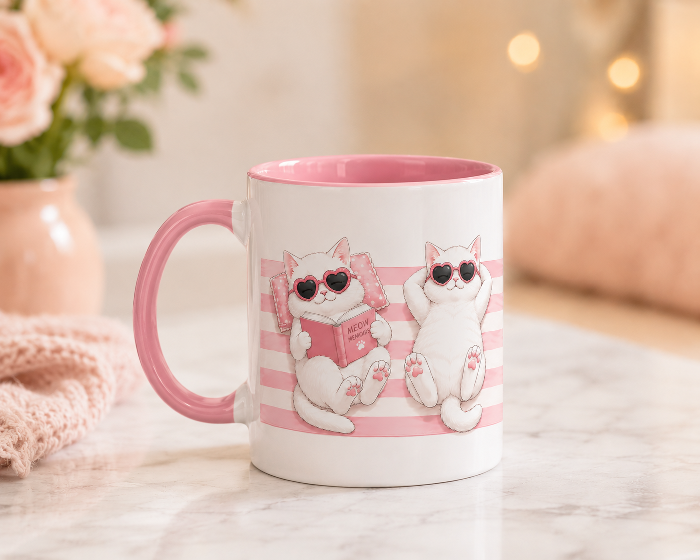 Pink Cat Mug – Cute Kawaii Cat Lover Coffee Cup